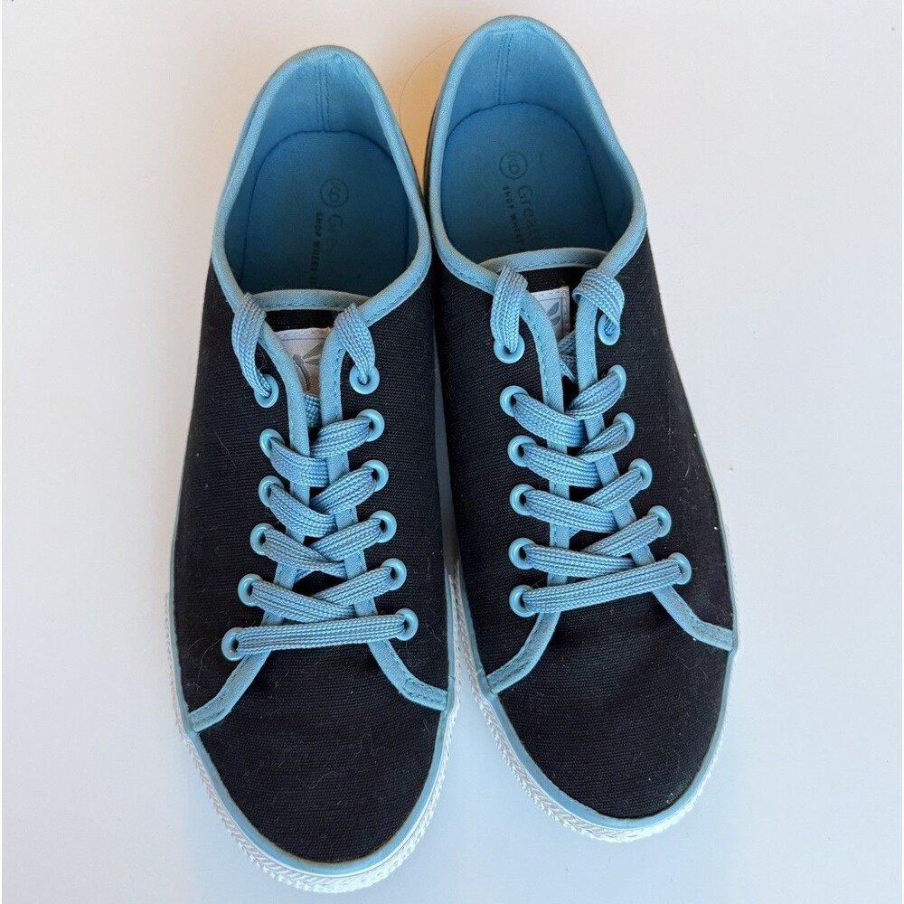 Greater Good Womens Canvas Low Top Sneakers Black Blue Lace Up Shoes Size 9